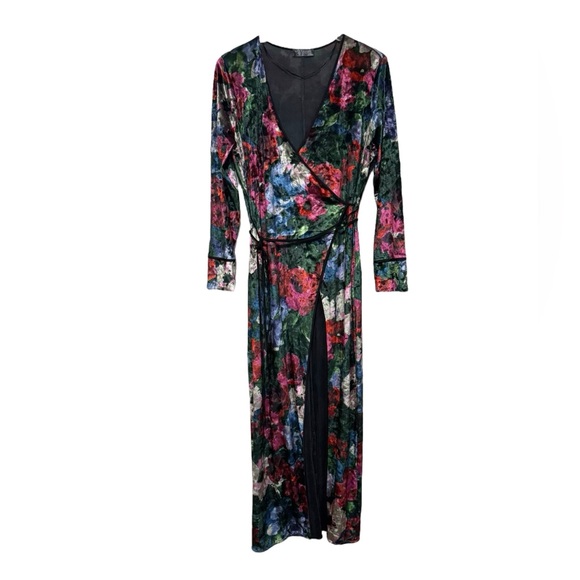 ZARA ACCESSORIES KIMONO VELVET FLORAL LONG SLEEVED LONG MAXI WRAP DRESS USA M - Picture 10 of 11